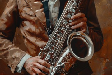 A person holding a saxophone and playing music