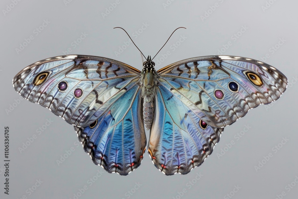 Poster a beautiful butterfly with bright blue wings on a neutral gray background, ideal for use in designs 