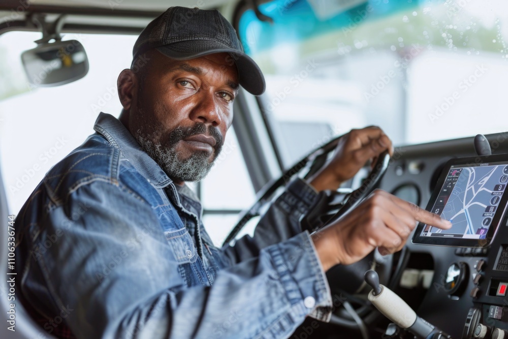 Poster A person navigating through roads using a GPS device while driving a truck, suitable for use in scenes about transportation, logistics, or adventure