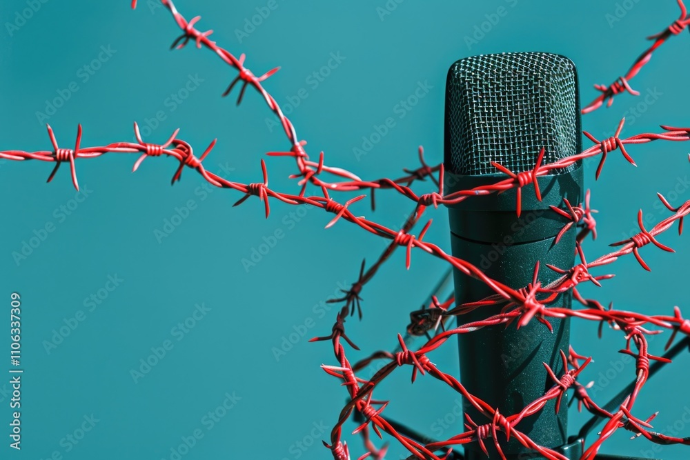 Aufkleber a close-up shot of a microphone surrounded by a bundle of red barbed wire, symbolizing isolation or 