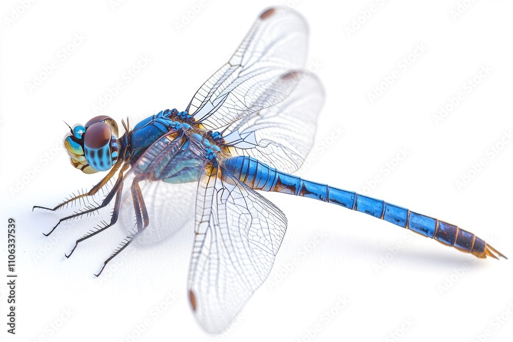 Poster a close-up view of a dragonfly perched on a white surface
