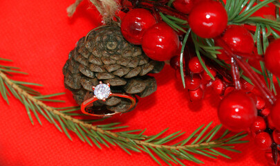 Wedding ring and a spruce branch with a pine cone on a red background, holiday, Christmas.