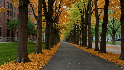 Naklejka premium Maple tree-lined alley in a city park.