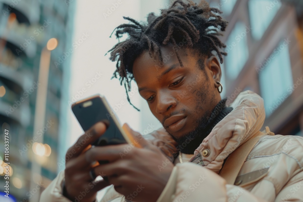Poster a person with dreadlocks examining their mobile device