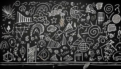 검은 칠판에 분필로 그려진 다양한 패턴과 낙서