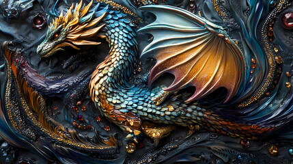 Fototapeta premium Mystical serpentine dragons congregate, scales glinting like precious jewels, wings shimmering with iridescent hues. Draconic. Illustration