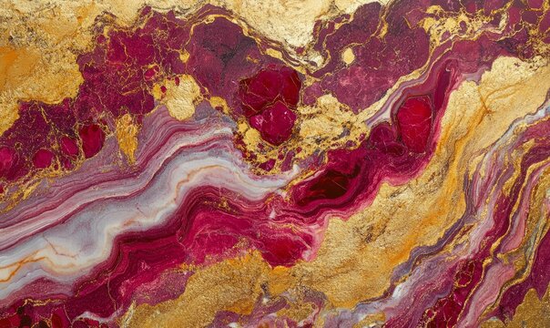 Smooth marble surface with intricate gold and ruby veining patterns, exuding luxury and elegance. Perfect for architectural or design elements