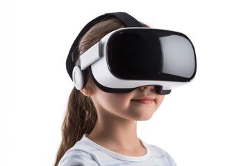 A young girl wearing a virtual reality headset, surrounded by digital devices
