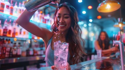Asian woman expertly pouring a cocktail from a shaker into a chilled glass, ice cubes splashing, neon lights reflecting off the bar counter, patrons enjoying the scene
