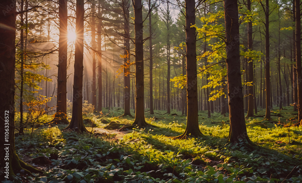 Poster Forest with trees and grass. The sun is shining through the trees. There are many trees in the forest