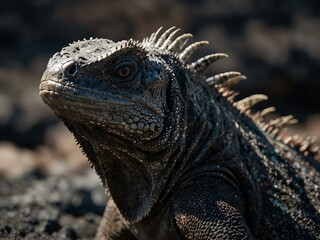 Fototapeta premium Marine Iguana portrait with white space on the right.