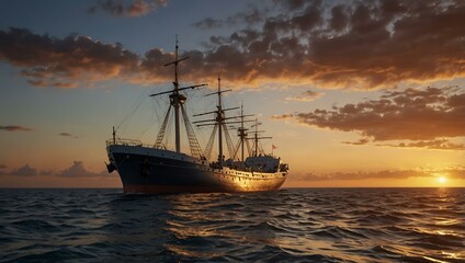 Fototapeta premium Maritime scene of a ship sailing under a sunset.