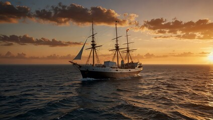 Fototapeta premium Maritime scene of a ship sailing under a sunset.