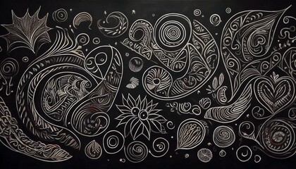 검은 칠판에 분필로 그려진 다양한 패턴과 낙서