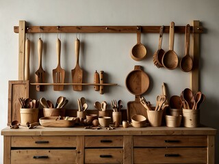 Market counter with various wooden kitchen tools.