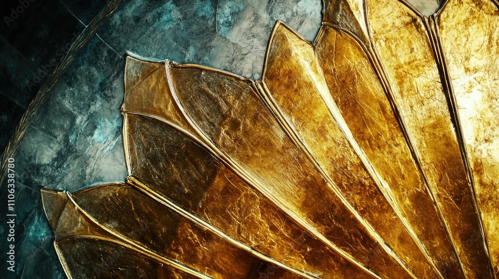 Poster a detailed view of a golden leaf attached to a wall, ideal for decorative or design-related uses