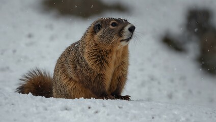Obraz premium Marmot sitting in the snow, observing.