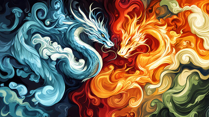 Vibrant colorful tattoo design featuring interconnected elements of air, fire, water, and earth, symbolizing harmony and balance in a stunning visual representation. Draconic. Illustration
