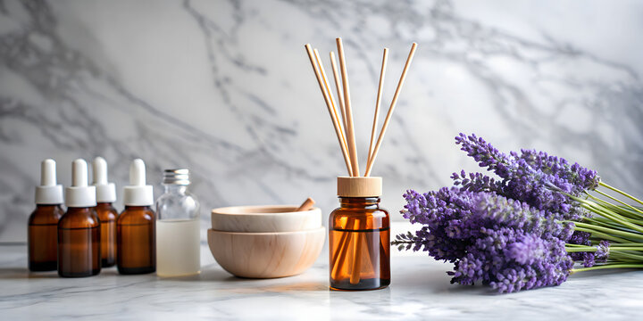 Assortment of essential oils and diffuser on a marble table with lavender bouquet, peaceful atmosphere, mental wellness