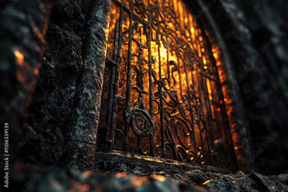 Aufkleber a close-up shot of a metal gate with light shining through, suitable for use in architectural or ind