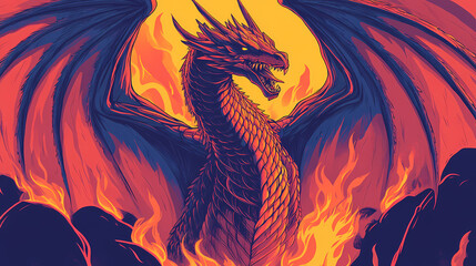 Vibrant illustration of a fierce dragon surrounded by flames, its scales and wings intricately drawn in bold lines. Draconic. Illustration