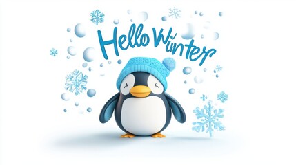 Cute penguin in snow field. Winter theme background template for greeting card design.