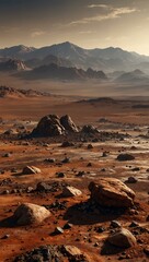 Fototapeta premium Mars landscape with rocks and dust, distant mountains.