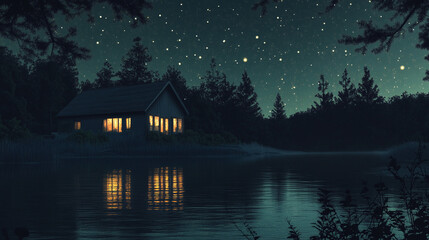 Fototapeta premium Serene Lakeside Cabin Night Scene Starry Sky Cozy Home Peaceful Nature