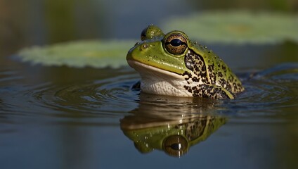 Fototapeta premium Marsh frog sitting in a pond with vocal sacs inflated.