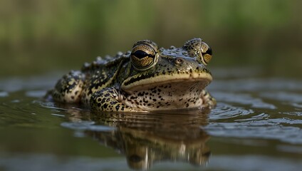 Marsh frog sitting in a pond with vocal sacs inflated.