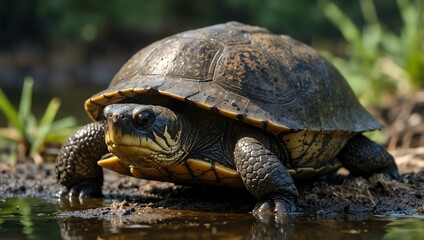 Obraz premium Marsh or helmeted turtle in its natural habitat.