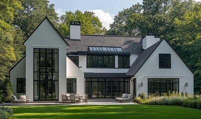 The image depicts a modern white house with a dark roof, featuring a large glass front door and multiple windows, set against a backdrop of a green forest