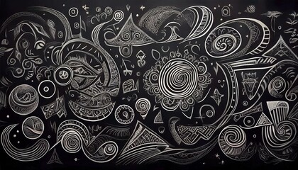 검은 칠판에 분필로 그려진 다양한 패턴과 낙서