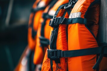 A row of life jackets hung on a wall, ready for use