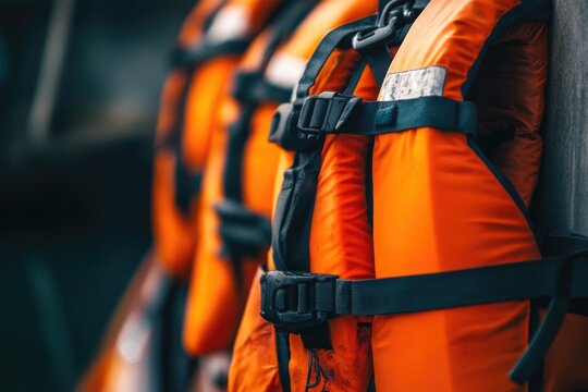 A row of life jackets hung on a wall, ready for use