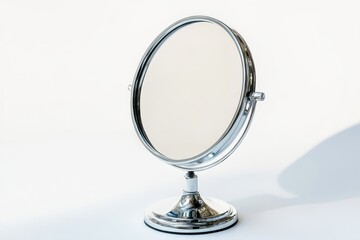 Fototapeta premium Round makeup mirror with chrome finish and adjustable stand isolated on white background