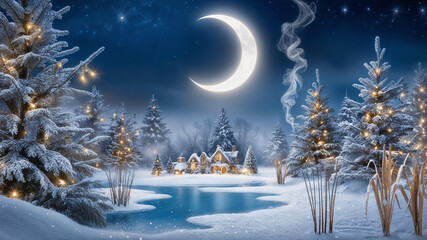 a winter merry christmas night scene small house tree happy new year landscape banner wallpaper backdrop with glowing moon star stars art 3d view cold winter snow postcard gift card text space blue 