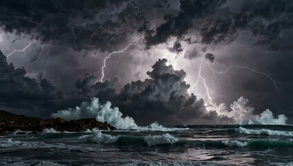 Fototapeta premium Massive lightning storm with crashing waves and foam.