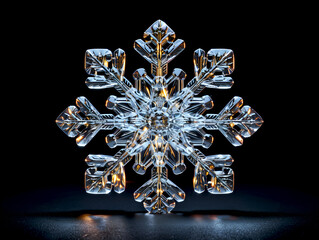 Crystal snowflake isolated on dark background with reflections, perfect for Christmas designs, winter themes, festive decorations. Christmas and New year design elements, frozen symbol. Snowflake icon