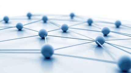 Interconnected blue spheres forming a network on a white background, AI