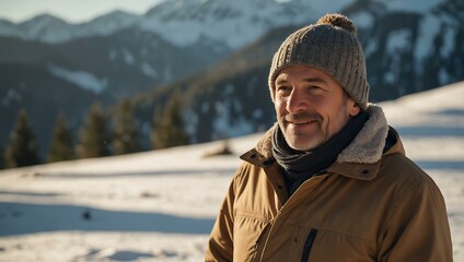 Mature man enjoying a sunny winter morning in the mountains.