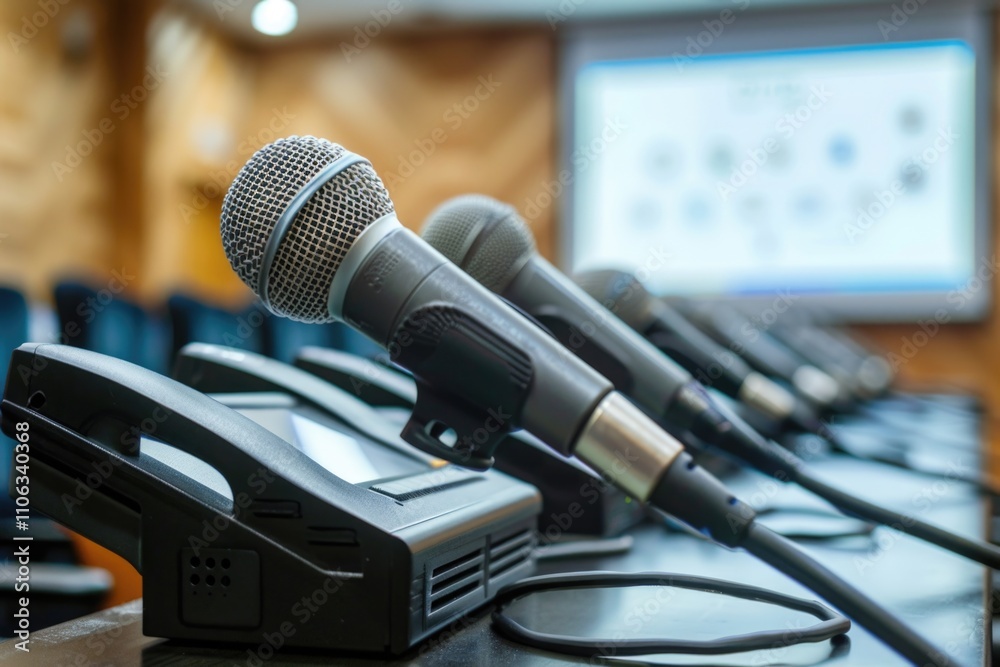 Poster a collection of microphones placed on a table, ideal for use in music studios or live events