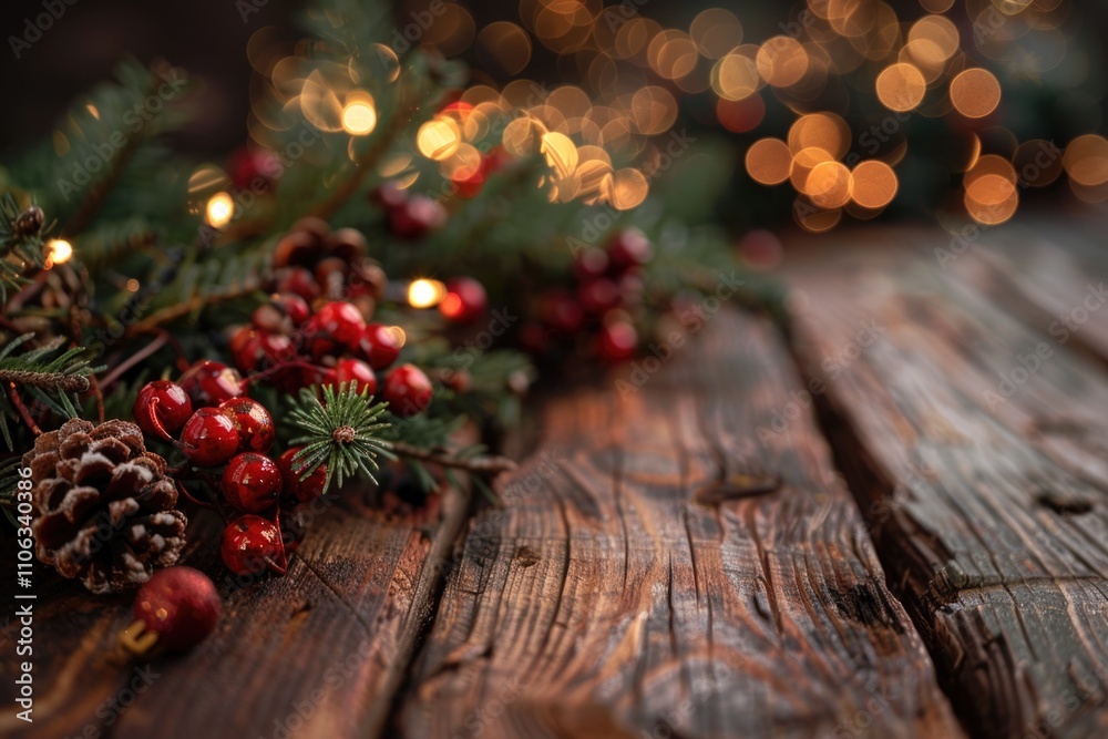 Poster a wooden table decorated with pine cones and red berries for a rustic and festive look