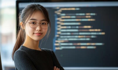 Obraz premium The integration of technology and human expertise in software development is presented by a young Asian woman programmer in front of an LCD screen with code projected
