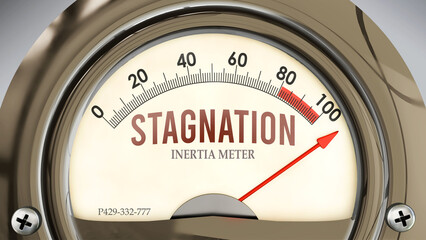 Stagnation and Inertia Meter that is hitting a full scale, showing a very high level of stagnation, overload of it, too much of it. Maximum value, off the charts.  ,3d illustration