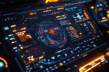 Obraz premium Futuristic computer screen with red light, reflecting on a sleek, black desk. Bright numbers and symbols illuminate the dark room.