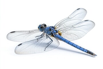 A blue dragonfly perched on a white surface, great for use in nature-inspired designs or as a symbol of freedom and beauty