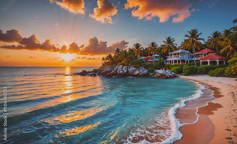 Aufkleber beautiful beach with a blue ocean and a sunset in the background. the beach is lined with palm trees