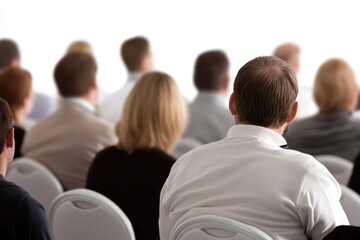 Obraz premium A group of people standing in front of a large crowd, attention focused on the speaker or performer
