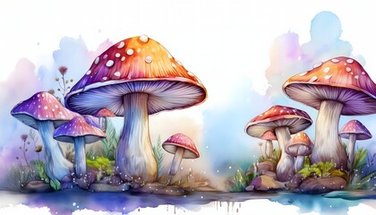 Watercolor Illustration of Multiple Mushrooms in a Natural Setting